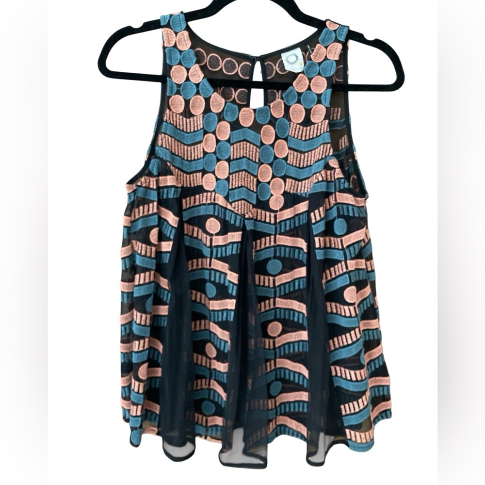 Anthropologie AKEMI + KIN Kalina embroidered top, size Small black aqua apricot